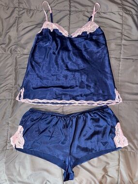 Victoria’s Secret Navy Blue Satin Sleep Set Tank Top & Shorts with Lace Trim